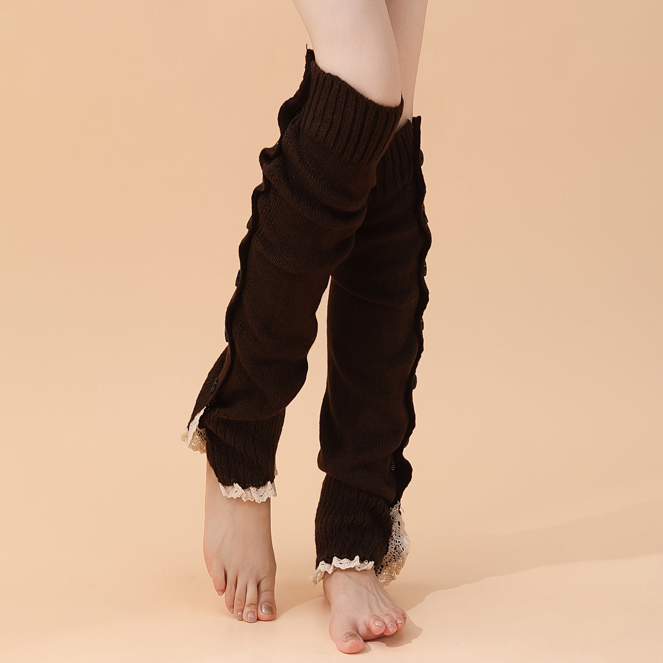 Lace Trim Leg Warmers Warm Buttons Knitted Socks