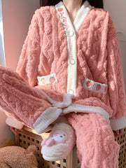 Strawberry Print Fuzzy Pajama Set Long Sleeve Top & Pants Women's Sleepwear