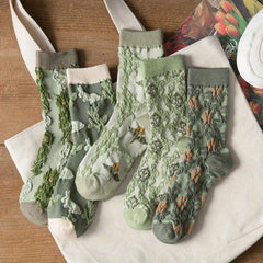 5 Pairs Floral Print Socks Women's Mid Tube Stockings