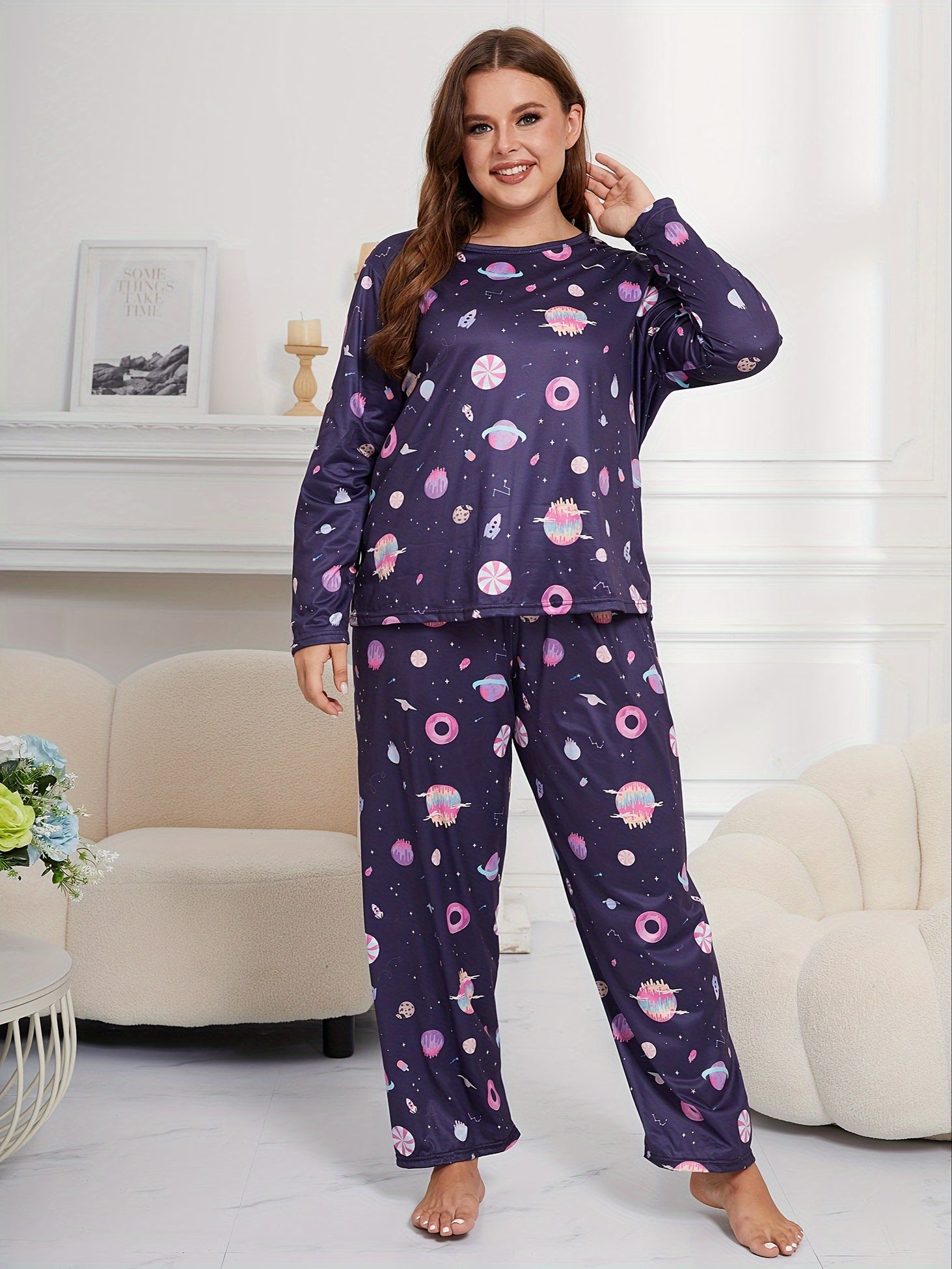 Cartoon Galaxy Print Tee & Pants Loungewear Set