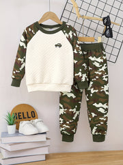 Toddler Boy's Camo Outfit 2pcs Waffle Texture Sweatshirt & Sweatpants Set