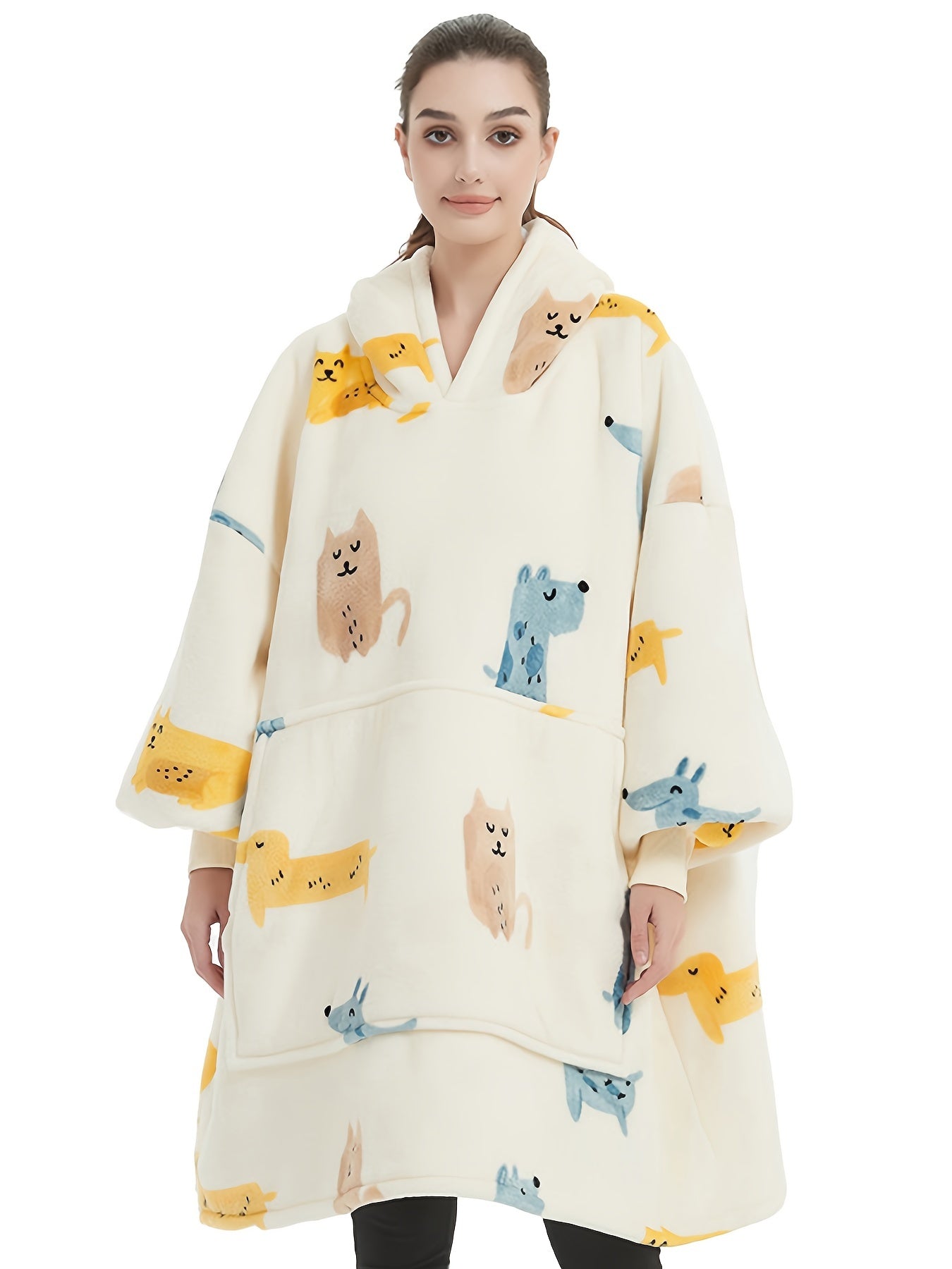 Flannel Sherpa Blanket Hooded Robe Plus Size Women's Animal Print Nightgown