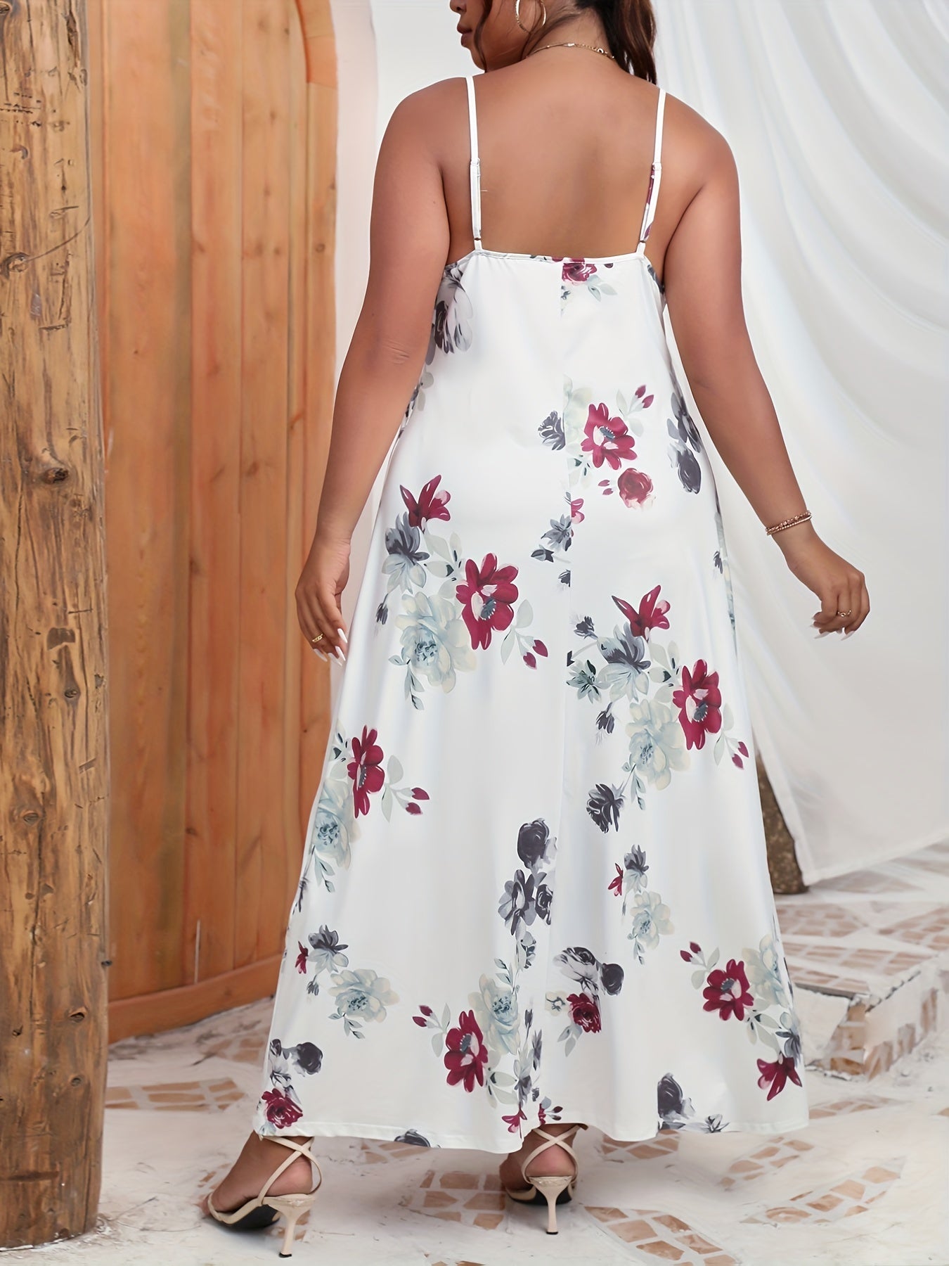 Women's Plus Floral Print V Neck Slight Stretch Cami Maxi Dress