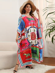 Boho Cover Up Women's Plus Horse Print Bat Sleeve V Neck Loose S