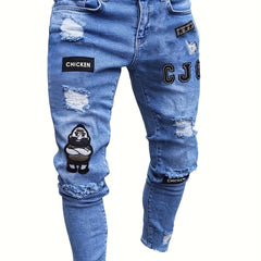 Embroidered Ripped Jeans Men's Slim Fit Distressed Denim Pants