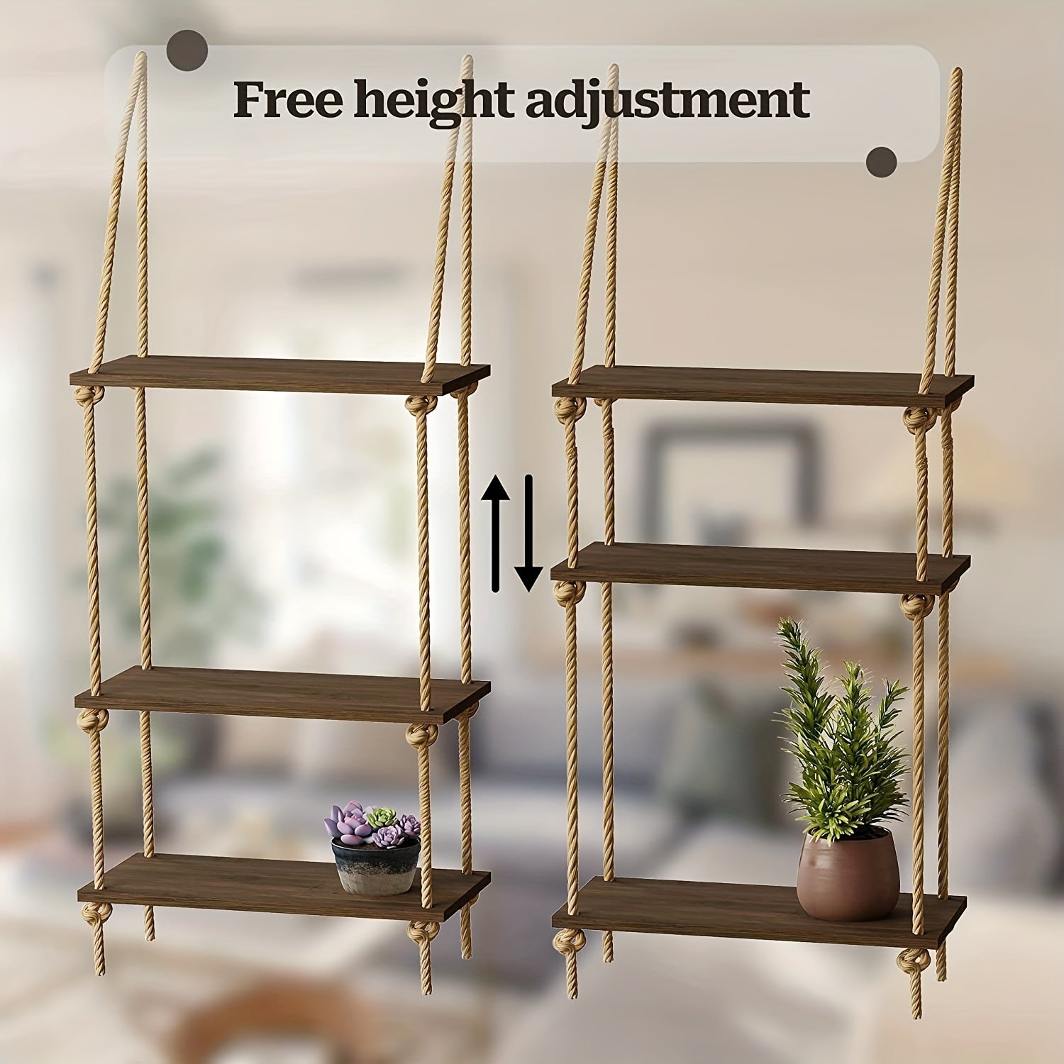 3 Tier Hanging Wall Shelves Swing Rope Floating Shelf