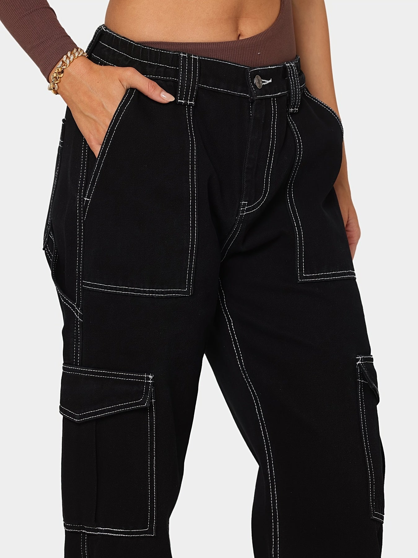 High Waist Flap Pockets Cargo Jeans Casual Loose Wide Legs Denim Pants