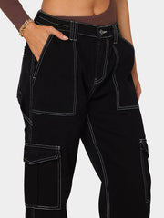 High Waist Flap Pockets Cargo Jeans Casual Loose Wide Legs Denim Pants