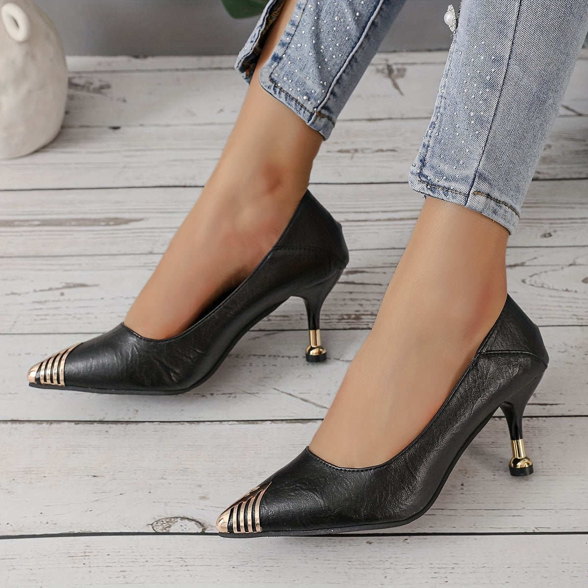 Women's Point Toe Stiletto Heel Shoes Slip On Sexy Professional Metal Decor