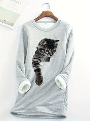 Cat Print Fleece Pullover Sweatshirt for Women