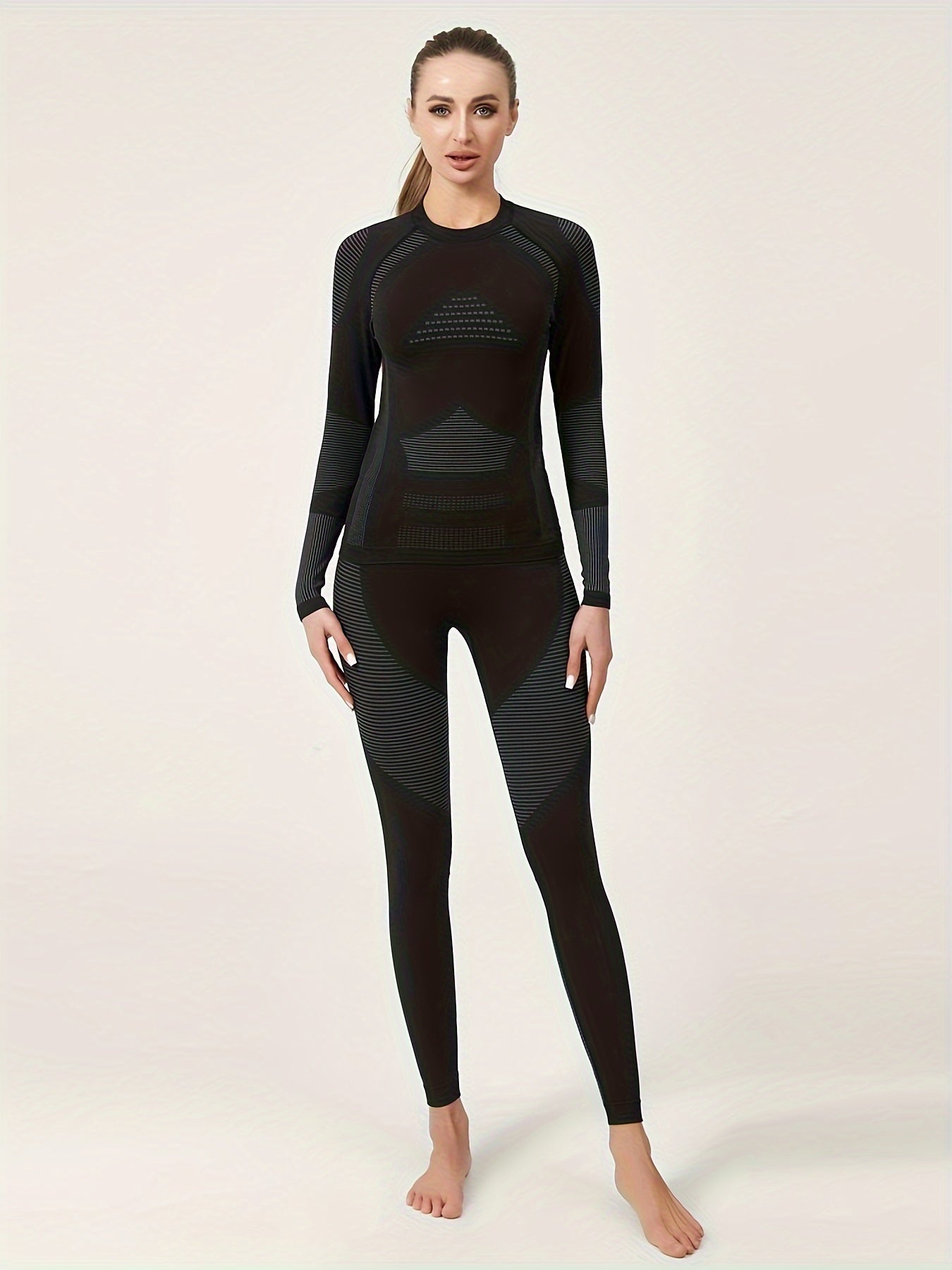 2pcs Thermal Underwear Set Long Sleeves Tops & Leggings Suit Women's Activewear