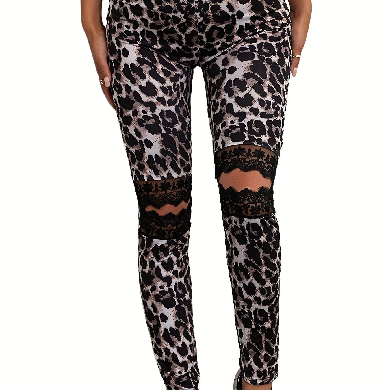 Leopard Print Ripped Skinny Leggings Casual Lace Stitching