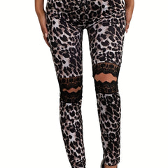 Leopard Print Ripped Skinny Leggings Casual Lace Stitching