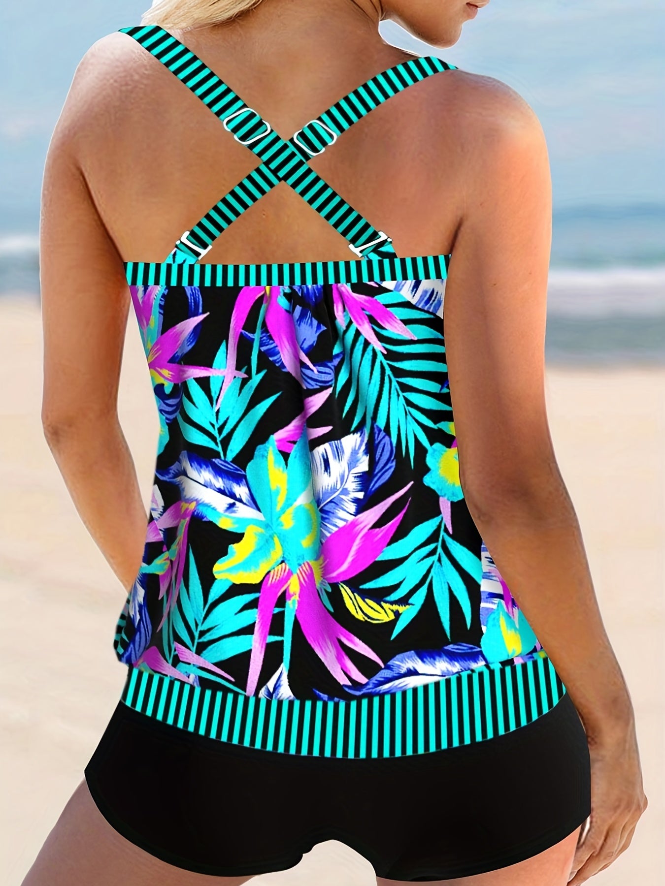 Modest Tankini Set Women's Plus Striped & Tropical Print