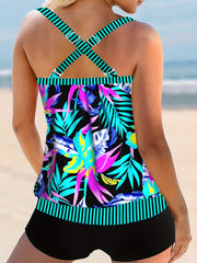 Modest Tankini Set Women's Plus Striped & Tropical Print
