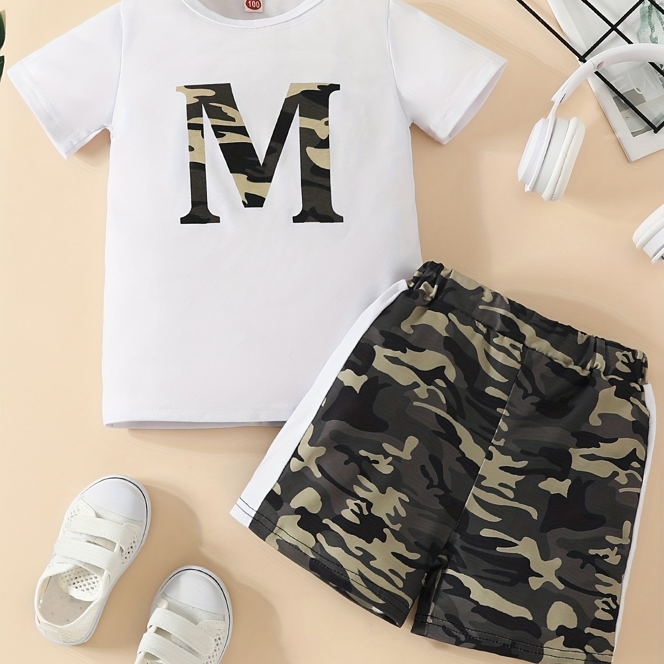 Boys Camo Outfit Round Neck T shirt & Shorts Summer Clothing Set