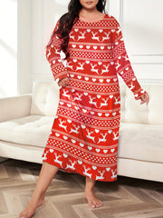 Christmas Lounge Dress Elk & Heart Stripe Print Long Sleeve Te