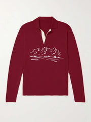 Mountain Pattern Knit Polo Shirt Men's Casual Lapel Stretch Pullover Sweater
