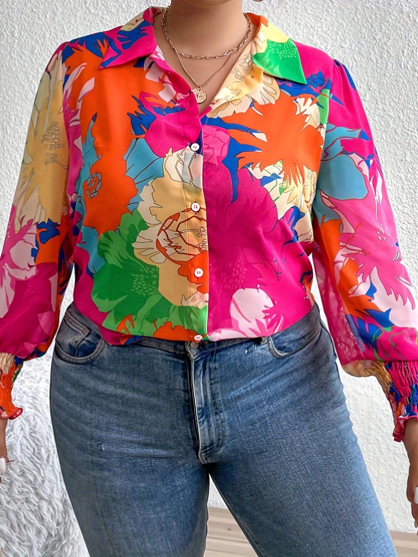 Contrast Floral Print Long Sleeve Shirt Top