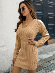 Cable Knit V Neck Bodycon Sweater Dress