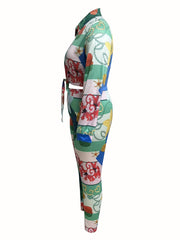 2 Piece Chain Print Polo Neck Blouse & Pants Set