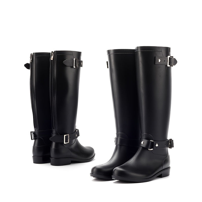 Women's Chunky Low Heel Knee High Rain Boots Waterproof