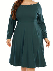 Casual Dress Women's Plain Long Sleeve Scallop Trim Boat Neck Dress