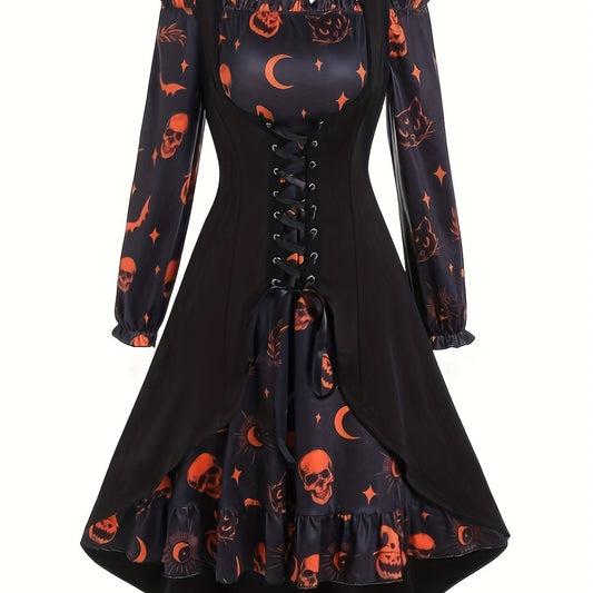 Goth Dress Women's Plus Colorblock Graphic Print Lace Up Dress