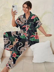 Satin Leopard Print Tee & Pants Pajama Set