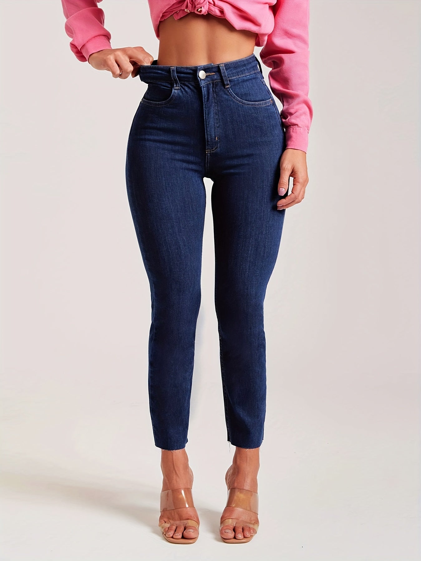 Medium Stretch Slim Fit Cropped Jeans Solid Washed Denim Pants