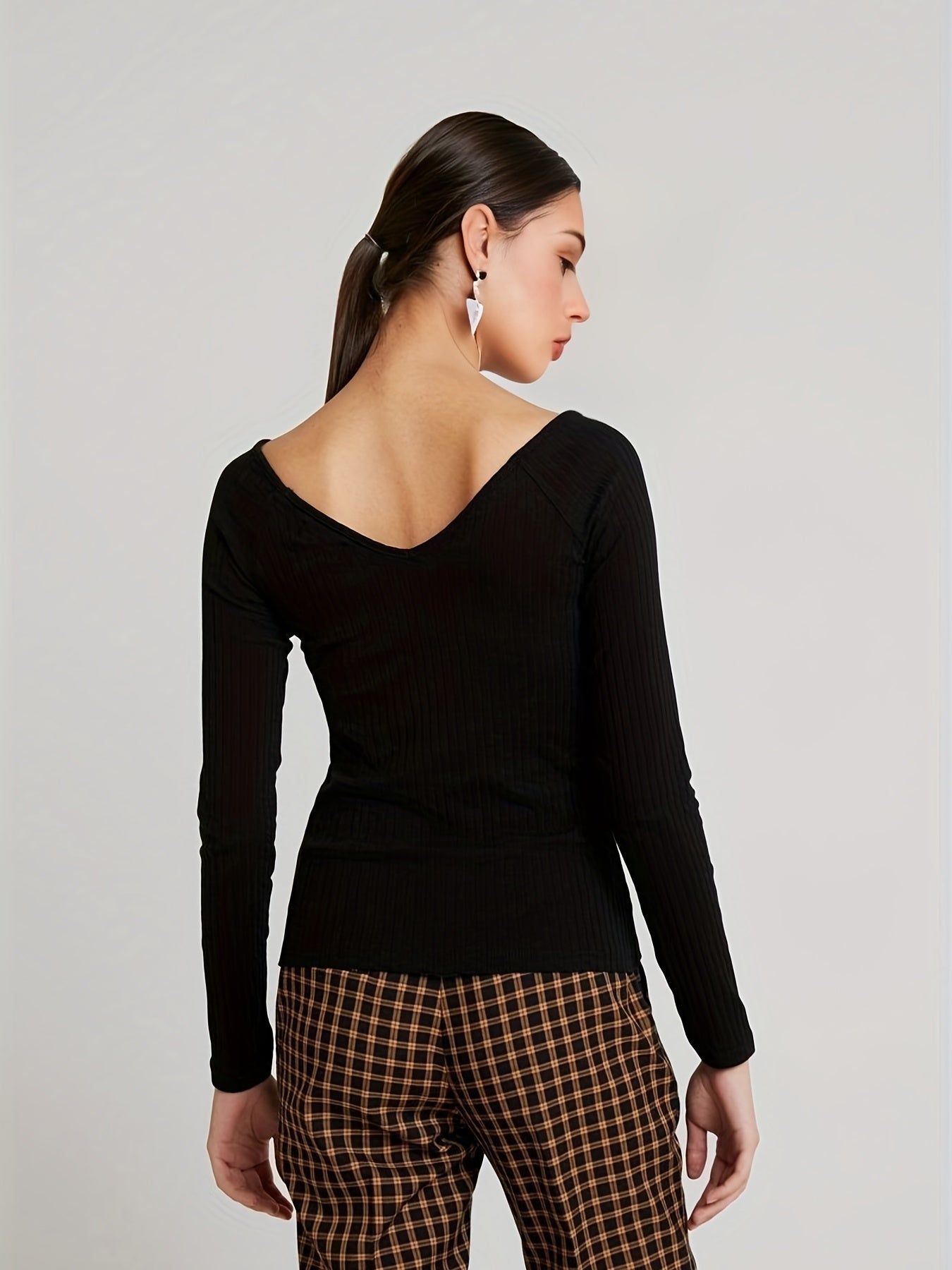 Solid Long Sleeve V Neck Ribbed Knit Shirt for Women Casual Sports Top