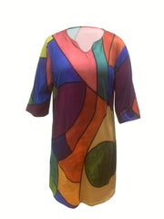 Floral Print Plus Size V Neck Half Sleeve Dress