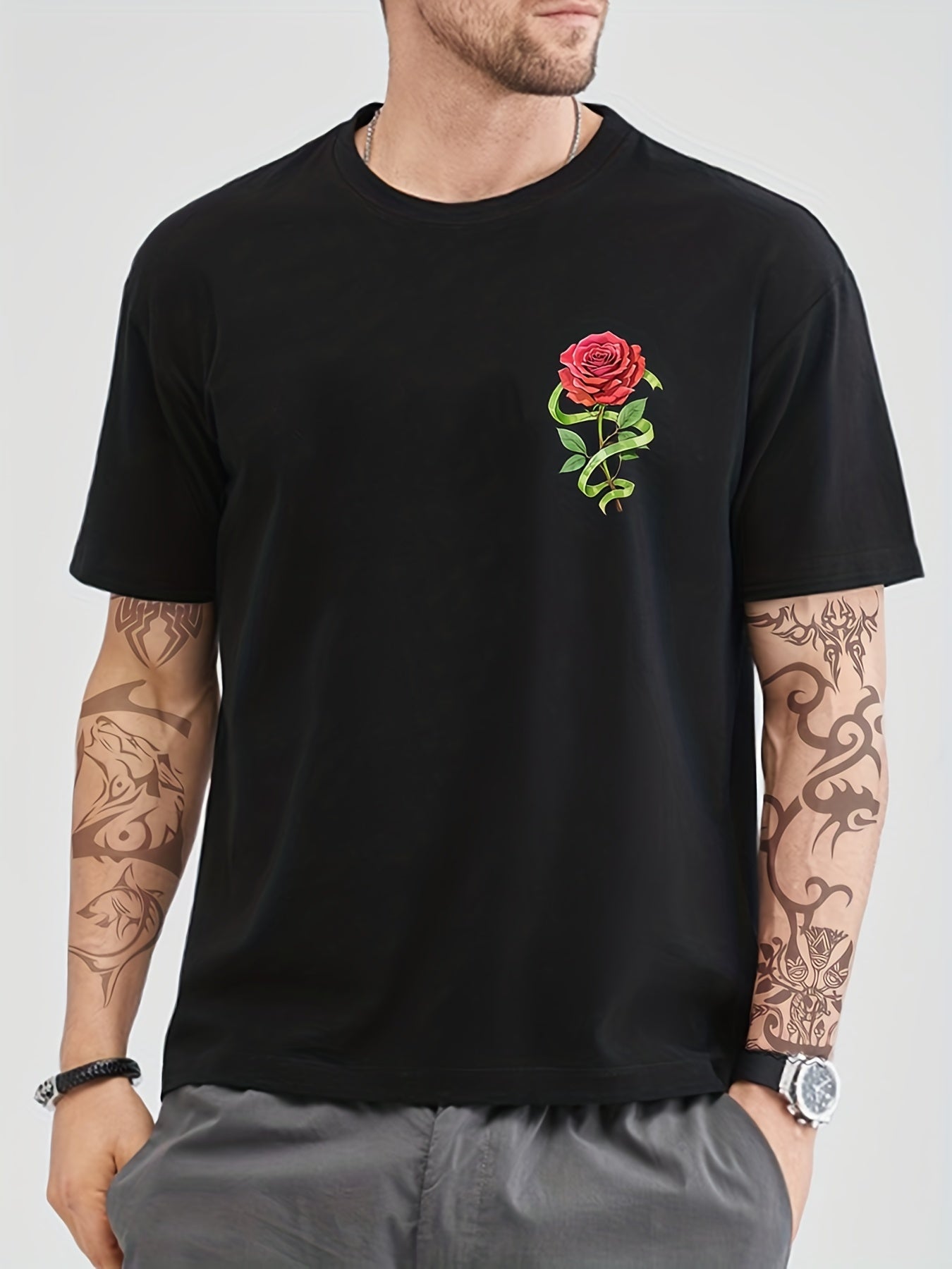 Solid Cotton Flower Print Men's Graphic Crew Neck T shirt Casual Comfy Tees