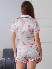 Flamingo Print Pajamas Set Short Sleeve Top & Shorts