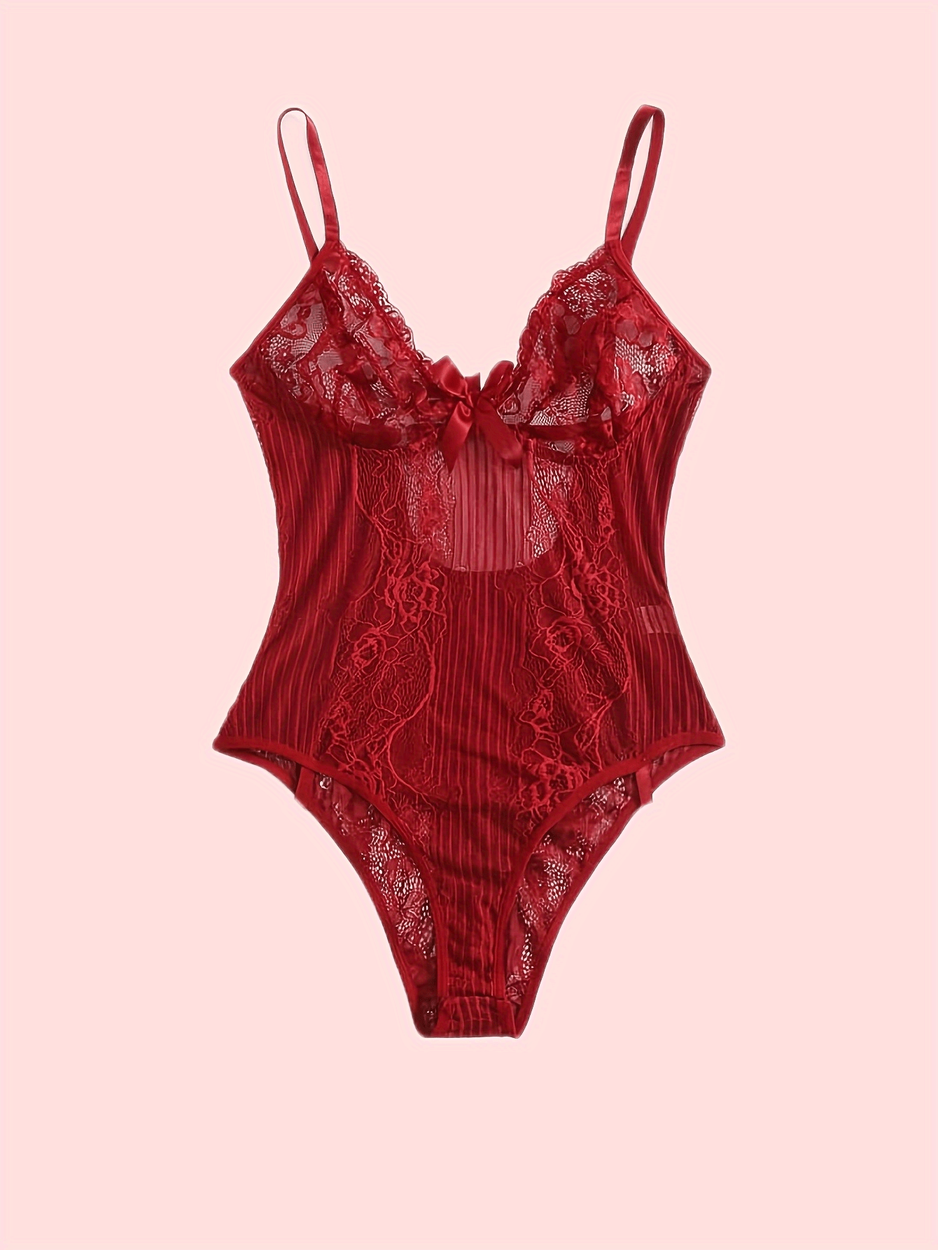 Sexy Lace Teddy with Deep V Mesh and Bow Lingerie