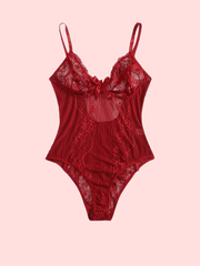 Sexy Lace Teddy with Deep V Mesh and Bow Lingerie