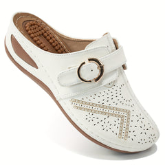 Women's Wedge Clogs Closed Toe Hollow Out Buckle Strap Decor Mules