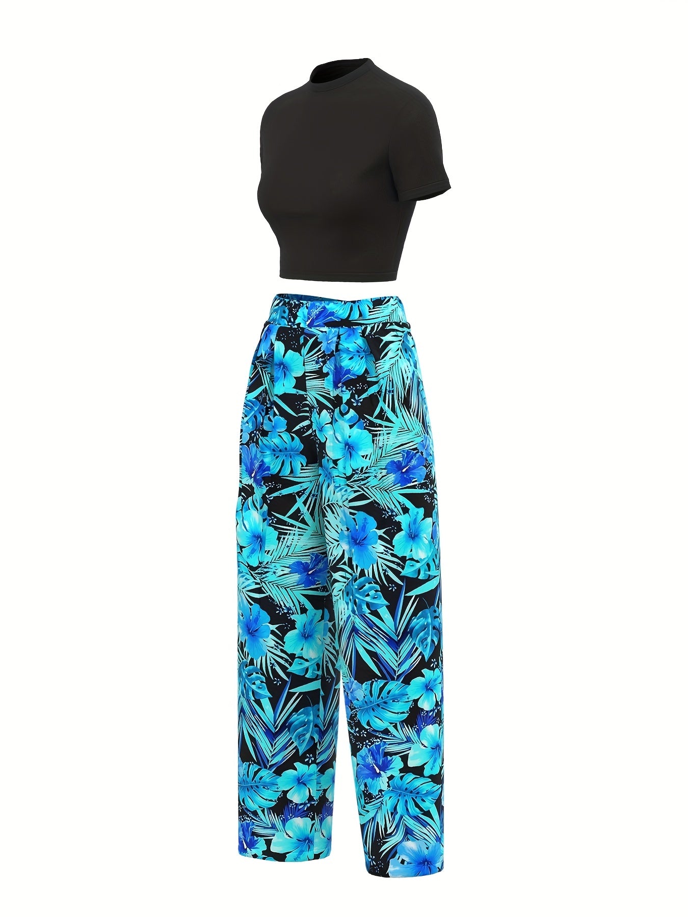 Casual Matching Two piece Set Solid Crop T shirt Plant Print Pants Outfit