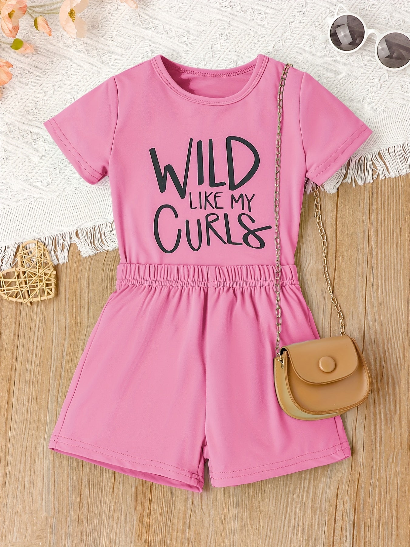 2pcs Girls Casual WILD LIKE MY CURLS Short Sleeve T shirt&Shorts Set