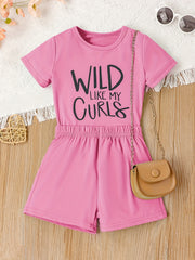 2pcs Girls Casual WILD LIKE MY CURLS Short Sleeve T shirt&Shorts Set