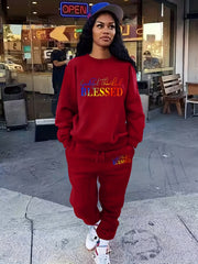Blessed Letter Print Casual 2pc Set Long Sleeve Tops & Jogger Pants