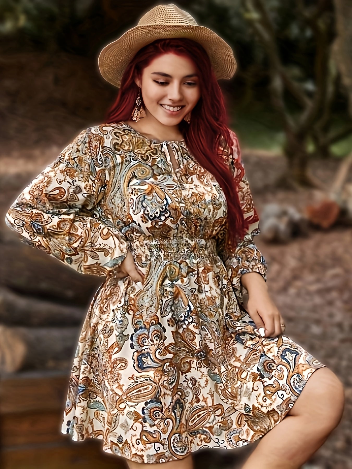 Plus Size Boho Paisley Print Round Neck Dress