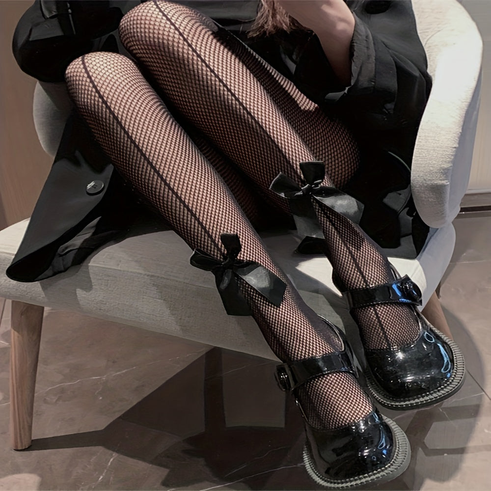 2 Pack Bow Decor Fishnet Tights High Waist Mesh Pantyhose Women's Stockings