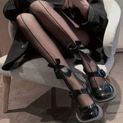 2 Pack Bow Decor Fishnet Tights High Waist Mesh Pantyhose Women's Stockings