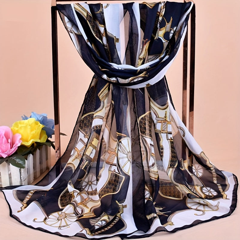 Vintage Thin Chiffon Scarf with Carriage Print Shawl