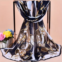 Vintage Thin Chiffon Scarf with Carriage Print Shawl