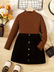 Girl's Ribbed Top & Corduroy Skirt Set Casual Outfits for Kids