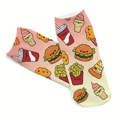 5 Pairs Cartoon Food Print Socks Comfy & Funny Low Cut Socks Women's