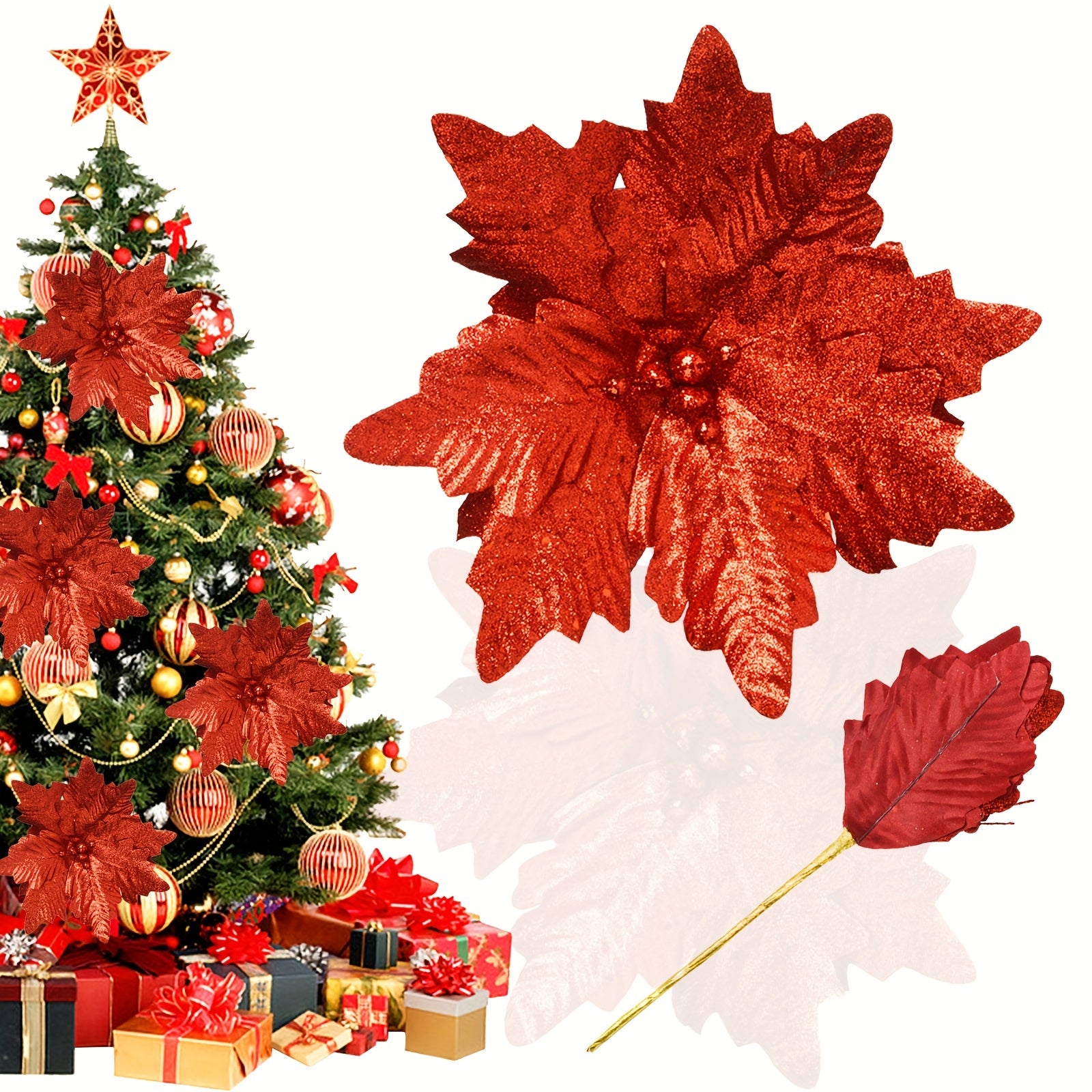 4pcs Christmas Flower Head - 24cm Artificial, Flashing Silvery Gold Brown