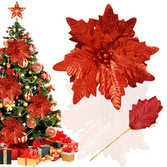 4pcs Christmas Flower Head - 24cm Artificial, Flashing Silvery Gold Brown